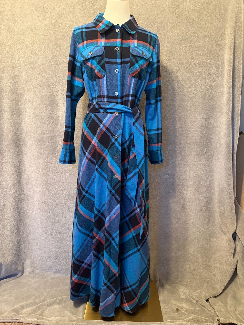 Soft Surroundings Blue/Black Plaid Maxi Shirtdress Size M